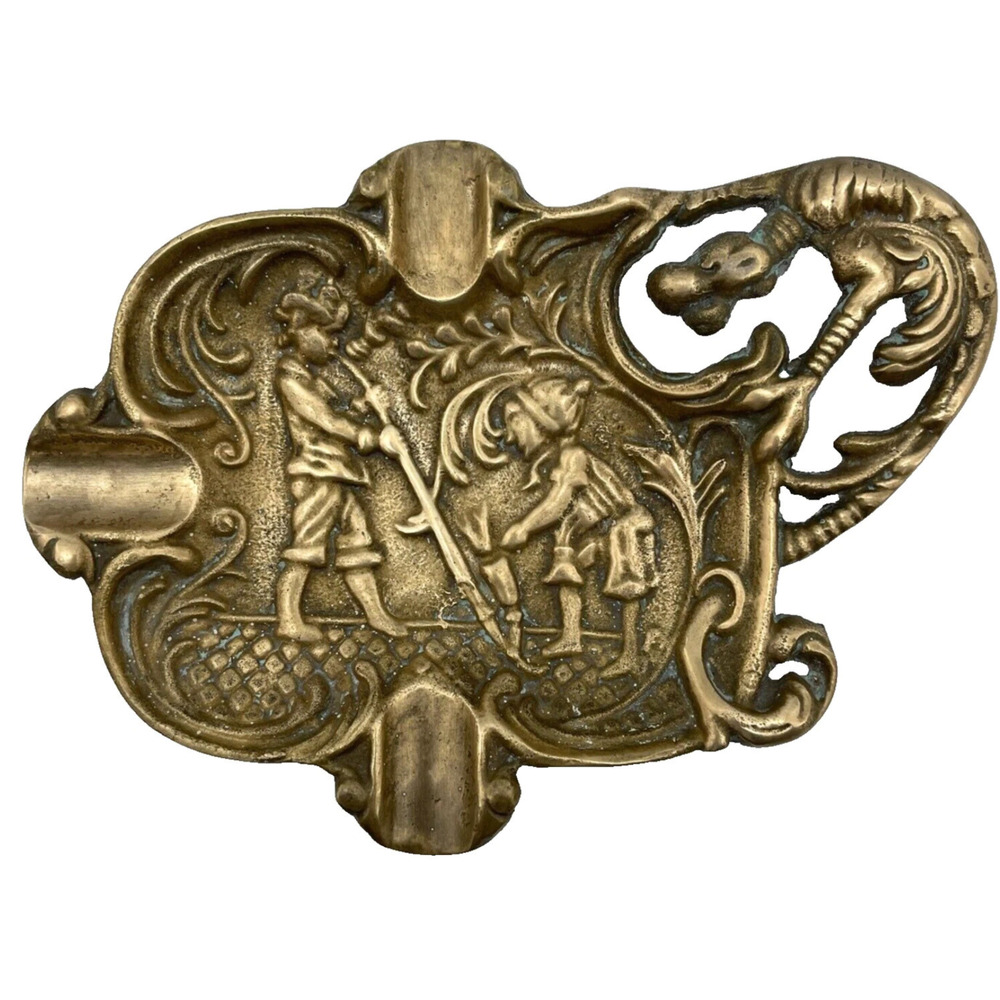 Vintage Ornate Brass Ashtray Dutch Boys Dragon Design Smoking Tray 7"x5"